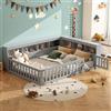 Trdlpyn Montessori Letto a Terra per Bambini 140 x 200CM, Comodino con Vano Contenitore, Presa e USB, letto Piazza e Mezza per Bambini, Struttura letto in Legno Massiccio, con Rete a doghe,Grigio