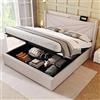 KUAKE Letto matrimoniale imbottito, 180 x 200, cassapanca con funzione di ricarica USB tipo C, testiera, struttura in lino, letto per ragazzi con rete a doghe (180 x 200 cm, bianco)
