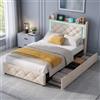 BSMGSGN Letto Matrimoniale con Contenitore 90x200 cm in Velluto Beige, 4 Cassetti, USB e LED Integrati, con Testiera con Contenitore e Senza Materasso (Beige-F, 90x200 cm)