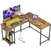 DEVAISE Scrivania Gaming Angolare L 140×118 cm o 208x50cm con LED RGB e prese elettriche, Scrivania da Ufficio con Mensole e Supporto Monitor, Tavolo Computer per Home Office, Marrone Rustico