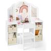 COSTWAY Toeletta Trucco 2 in 1 per Bambina in Legno Robusto, Bianco | Specchiera Staccabile per Ragazza 3+ con 4 Cassetti in Tessuto, Sgabello e Specchio , Postazione Trucco, 104 x 40 x 117 cm