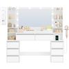 HEXCELEN 135cm Toeletta Trucco con Specchio, Toeletta con LED e Prese, Grande Tavolo da Trucco con Supporto Per Asciugacapelli, 8 Cassetti e Ripiani Aperti, Moderno, Bianco-Argento