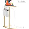 HOMCOM Tavolino Salotto con Prese di Corrente e USB integrate, Tavolino a Forma di C per Letto e Divano con Stazione di Ricarica e Tasche Portaoggetti, Tavolino da Soggiorno Effetto Marmo, Bianco