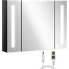 kleankin Specchio Bagno Contenitore, Armadietto con Specchio da Bagno a Parete in MDF con 3 Armadietti, 3 Ripiani e Luce LED, 90x15x65 cm, Nero
