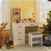 COSTWAY Toeletta da Trucco con 10 Luci, Set Tavolo e Sgabello da Trucco con Stazione di Ricarica, Luci LED a 3 Colori, Consolle Toeletta con 4 Cassetti, 3 Ripiani, 100 x 40 x 140 cm