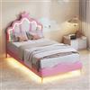 TIMORWTF Letto per bambini, 90 x 200 cm, letto da principessa con illuminazione a LED, testiera regolabile a forma di corona, letto singolo, imbottito, con rete a doghe, per bambini e adulti