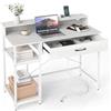 COSTWAY Scrivania Salvasapzio per Computer con Stazione di Ricarica 106 x 48 cm, Mensola sopra Tavolo, Cassetto e Libreria Laterale a 2 Ripiani, Tavolo Industriale per Ufficio e Casa (Bianco)