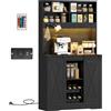 HOMCOM Credenza Cucina Alto Rustico 180cm, Mobile Dispensa con Prese di Ricarica, Luci LED, Portabottiglie, Piano Portamicroonde, Ripiani Aperti, Ante Scorrevoli, Foro Passacavi Sala da Pranzo, Nero
