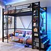Moimhear Letto a soppalco, 90 x 200 cm, letto in ferro, con bastone a secco, 4 cassetti, barra LED, ringhiera, scala a pioli, con piano forato (nero, senza scrivania)
