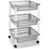 Acan Tradineur - Carrello Portaoggetti Modello PLFT in Plastica con 3 Livelli e Ruote, Cestini Impilabili, per Frutta, Verdura (Argento - 61,5 x 40 x 30 cm)