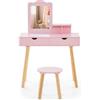 RELAX4LIFE 2 in 1 Toeletta Trucco Bambina con Sgabello, Specchio Staccabile, 2 Cassetti, Postazione Trucco per Bambini, 70 x 37 x 100 cm (Rosa)