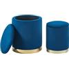IlGruppone Set Di 2 Pouf Contenitore In Velluto Design Moderno Poggiapiedi,Sgabello Tondo con Coperchio Rimovibile e Seduta Imbottita Alta Densità Con Fascia In Metallo Capiente Storage Box- Blu