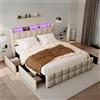 XMETPR Letto Matrimoniale Ricoperto 160x200cm, Cornice Funzionale con 4 Cassetti, Illuminazione LED, 2 USB e 2 AC Stazione di Carica, Listelli in Legno, Letto in Lino, Silenzioso, Beige