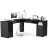 GYMAX Scrivania per Computer a L Angolare, con 2 Prese, 1 Porta USB e 1 Type-C, Ripiani Regolabili e Foro per Cavi, Tavolo Moderno per Gaming, Lavoro, Scrittura, 168 x 168 x 76 cm (Nero)