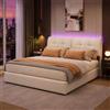 BLSYHDH - Letto baule 160 x 200 cm, letto imbottito a LED con sistema idraulico e cassapanca, letto matrimoniale con contenitore, con testiera e rete a doghe, (bianco sporco+flanella)