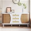 BENMWS Moderna credenza in rattan, comò con ante scorrevoli, ripiani regolabili, piastra curva, 80 x 140 cm, bianco e Natura