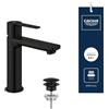 GROHE Lineare - Miscelatore Lavabo Smooth Body con Set Scarico Pop-Up Push-Open (Bocca Alta, Leva Metallica, Cartuccia Ceramica 28 mm, Risparmio Idrico, Attacchi 3/8 Pollici), Nero Opaco