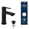 GROHE Lineare Miscelatore Lavabo Smooth Body con Set Scarico Push-Open (Da Piano, Taglia XS 155 mm, Cartuccia Ceramica 28 mm, Risparmio Idrico, Attacchi 3/8 Pollici), Nero Opaco