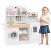 COSTWAY Cucina Giocattolo con Macchina da Caffè e del Ghiaccio, Cucina per Bambini in Legno con Lavatrice, Microonde, Fornelli e Lavandino, Set Cucina con 27 Accessori, 106 x 30 x 105 cm (Bianco)
