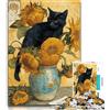 LLONGKT Puzzle da 1000 pezzi per adulti, regali per adolescenti con gatto nero e girasole, decorazione artistica da parete e idea regalo di compleanno per amici, ufficio a casa (dimensioni 38x26cm)