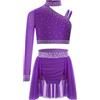 Loodgao Vestito da Ballo Latino Americano Tango Bambina Monospalla Abito da Pattinaggio Artistico con Strass Crop Top Gonna Completo da Ballo Lirico Contemporaneo Viola 7-8 Anni