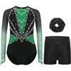 LiiYii Ragazza Body Ginnastica con Pantaloncini Strass Leotards Danza Classica a Maniche Lunghe Jumpsuit Sportiva Tuta da Pattinaggio Artistico Dancewear C Verde 9-10 anni