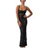 FRESQA KWTF Abito Lungo Elegante in Pizzo Trasparente da Donna Sexy Estivo Con Spalline Aderenti per Festa di Nozze, Diviso Nero