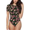 TZTTZT Splendido body da donna con fiori di rosa, a maniche corte, maglietta per controllo della pancia, nero, Small