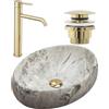 Rea Set Lavabo da Appoggio in Pietra Linda + Rubinetto per Lavabo Lungo Gold + Piletta Gold, Ideale Come Lavabo o Lavamani per WC, Design Unico