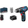 Bosch Professional 12V System Trapano-avvitatore con percussione GSR 12V-15 (incl. 2 batterie da 2.0Ah, caricabatteria GAL 12V-20, set di bit da 25 pz., borsa portautensili)