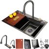 DSMRLEOP Lavello da cucina nero in acciaio inox, 65 x 50 cm, multifunzione con rubinetto a cascata estraibile, lavastoviglie ad alta pressione, sifone con cestello di scarico, troppopieno e scarico