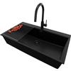 PRIMAGRAN Lavandino Angolare Tutto Nero 88x50cm, Lavello in Granito a 1 vasca + Rubinetto 40x20cm + Set di accessori, Lavabo da Cucina Incasso al Mobile 90cm - Oslo 90 Top S687