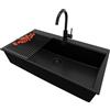 PRIMAGRAN Lavandino Angolare Tutto Nero 88x50cm, Lavello in Granito a 1 vasca + Rubinetto 32x20cm + Set di accessori, Lavabo da Cucina Incasso al Mobile 90cm - Oslo 90 Top S686