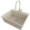 PRIMAGRAN Lavandino da Cucina Tutto Beige 58x50cm, Lavello in Granito a 1 vasca + Rubinetto 38x14cm + Set di accessori, Lavabo da Cucina Incasso al Mobile 60cm - Riga S338