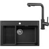 ANYCEE 70 x 46 cm Lavello Nero con L Rubinetto Cucina Estraibile, Lavandino Cucina Nero con Cestello di Scarico, Lavello Granito 1 Vasca per Mobile da 70 cm con Sifone e Scarico