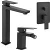 Inbagno Set Miscelatori Per Lavabo Da Appoggio, Bidet E Doccia In Ottone Nero Opaco Della Linea Kubo, Completo Di Pilette Click Clack E Corpo Da Incasso