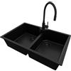 PRIMAGRAN Lavandino da Cucina Tutto Nero 78x50cm, Lavello in Granito a 2 vasche + Rubinetto 40x38cm + Set di accessori, Lavabo da Cucina Incasso al Mobile 80cm - Madrid Twin S022
