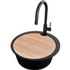 PRIMAGRAN Lavandino Rotondo Nero 53x53cm, Lavello in Granito a 1 vasca + Rubinetto 40x20cm + Set di accessori, Lavabo da Cucina Incasso al Mobile 50cm - Pise S053
