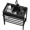 MiaJJooLi Lavabi in acciaio inox nero 80 cm, lavabo a pavimento, vasca singola per cucina commerciale con rubinetto, per garage, ristorante, lavanderia, uso esterno