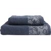 MAXIME MAISON - Set Asciugamani Bagno Viso e Bidet in Morbida Spugna 100% Cotone Assorbente (450 gr/m²) Set da Bagno 2 Pezzi Asciugamano Viso 55x100cm, Asciugamano Ospite 40x60cm (Floren Blu)