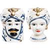 Morgan Teste di Moro Coppia Re e Regina Caltagirone, Stile Ceramiche Siciliane, Vaso Testa di Moro in Ceramica Bianco e Blu 12x18 cm