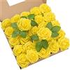 DuHouse 25 rose artificiali con steli, veri fiori in schiuma, per bouquet di nozze fai da te, centrotavola per feste e feste (giallo)