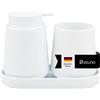 eluno TESERO - Set di accessori da bagno con superficie soft touch, 3 pezzi, composto da 1 dispenser di sapone, 1 tazza e 1 ciotola, ideale per bagno e cucina in plastica (bianco)
