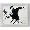 ConKrea Quadro su Tela Canvas INTELAIATO - con Cornice - Banksy - Arte Street Art - Lanciatore di Fiori - 30x40cm - Stile Contemporaneo Bianco - (cod.1644)