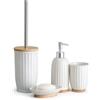 BM Set Accessori Bagno 4 Pezzi in Ceramica e Bambù - Dispenser Sapone, Portaspazzolino, Portasapone, Porta Scopino WC (BIANCO RIGATO)