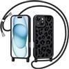 Coiwxmoi Cover con Cordino per iPhone 14, Aesthetic Leopardata Disegni Ragazze Custodia con Corda Tracolla Laccio Collana, Sottile Silicone TPU Antiurto Protettiva Case per iPhone 14, Nero 02