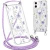 Krdvekm Cordino Cover per iPhone 12 Pro / 12 6,1'', Aesthetic Fiori Motivo Disegno Magnetica Trasparente PC Compatibile con MagSafe Case Corda Laccio Antiurto Protettiva Custodia per Ragazze, Viola