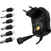 ELCART Alimentatore switching con tensione regolabile 3/4,5/5/6/7,5/9/12 Vdc 600mA, 6 spinotti inclusi - Victory