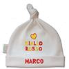 Zigozago - Cappellino Cuffia con nodo centrale in Cotone per neonato con ricamo Cuore Giallo Rosso | Fatto a Mano | Personalizzabile con Nome Ricamato, Bianco, Taglia 0-6 e 6-12 Mesi
