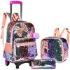 HTgroce Trolley Scuola Bambina, Paillettes Zaino Trolley Scuola Elementare Zaino con Ruote Borsa Pranzo e Astuccio Zaino Scuola Elementare per Bambini